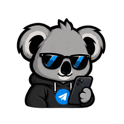 Коала Бибинто в очках держит телефон с символом Telegram